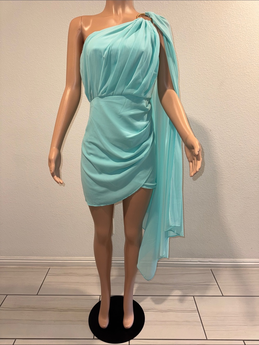 One-Shoulder Aqua Mini Dress with Draped Overlay